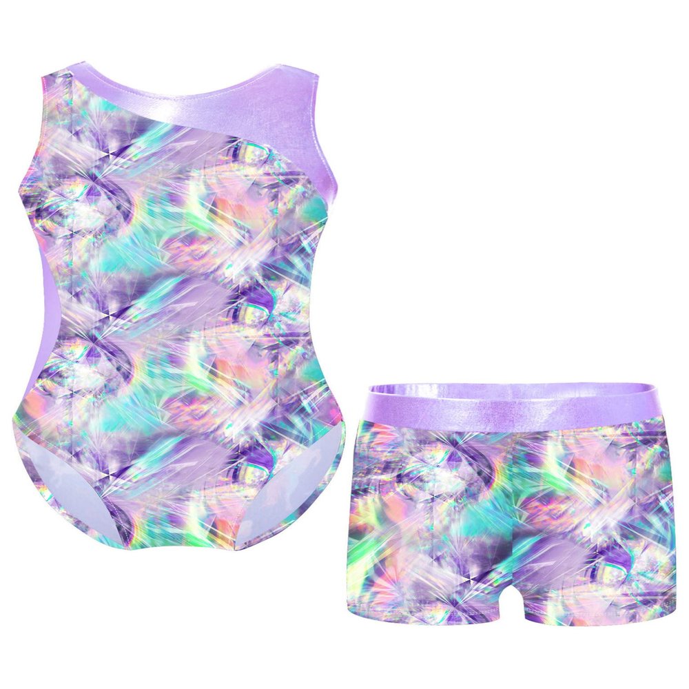 Nikiikoo Kids Girls Sparkly Gymnastics Leotards with Shorts Outfits Ballet Dance Biketard Gym Clothes Swimwear Lightpurple 6 Years