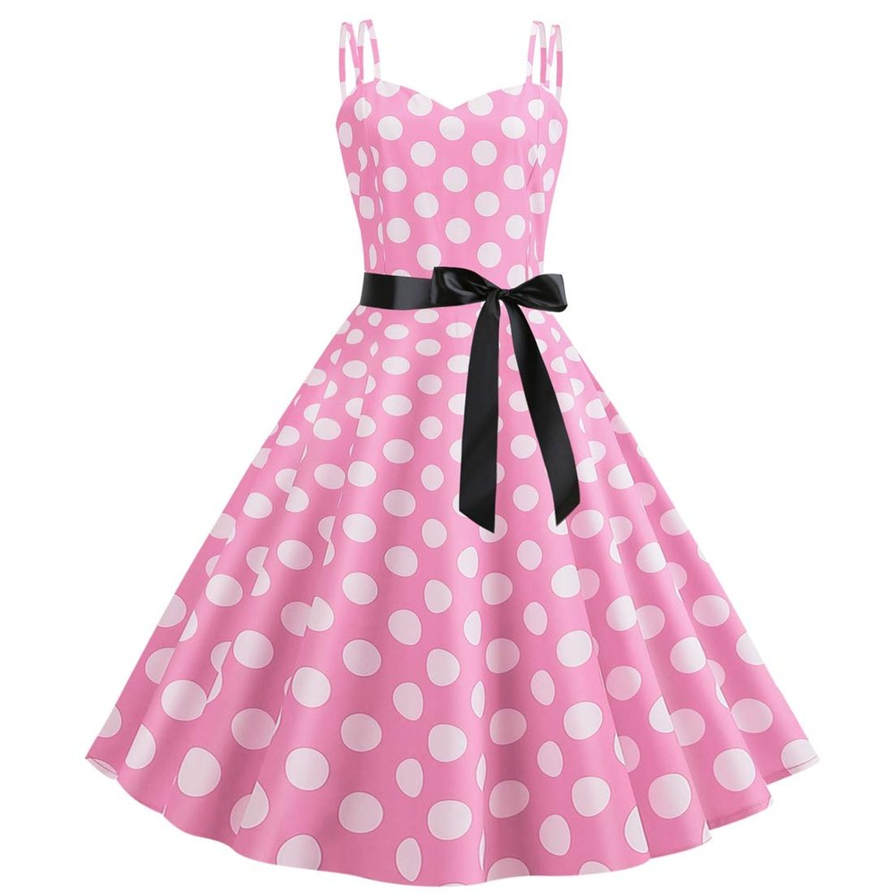 1950s Dresses for Women 50s Style Audrey Hepburn Vintage Spaghetti Strap 1940s Rockabilly Retro Sleeveless Summer A Line Swing Midi Skater Dress Cocktail Party Evening Prom Gown Pink S