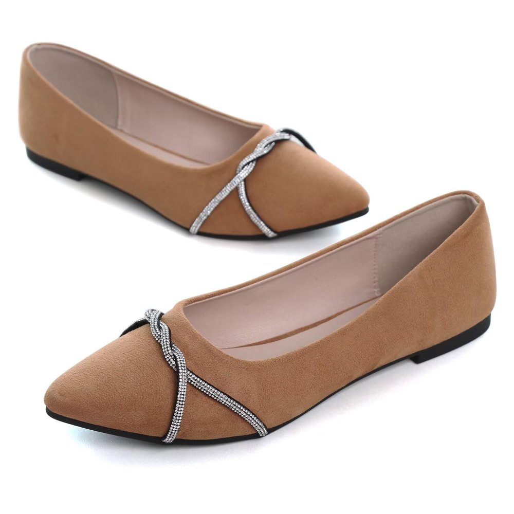 Hee grand Women's Rhinestone Pointed Toe Flats Elegant Crystal Dress Shoes for Wedding,Khaki 6