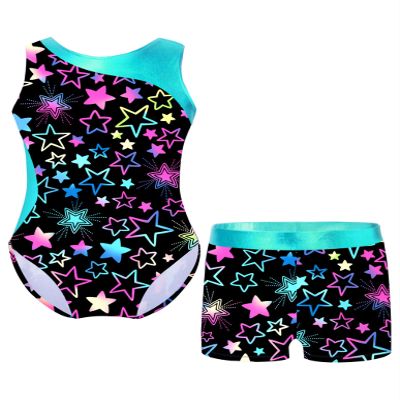 Nikiikoo Kids Girls Sparkly Gymnastics Leotards with Shorts Outfits Ballet Dance Biketard Gym Clothes Swimwear Black+Stars 14 Years