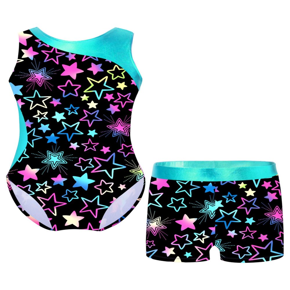 Nikiikoo Kids Girls Sparkly Gymnastics Leotards with Shorts Outfits Ballet Dance Biketard Gym Clothes Swimwear Black+Stars 14 Years