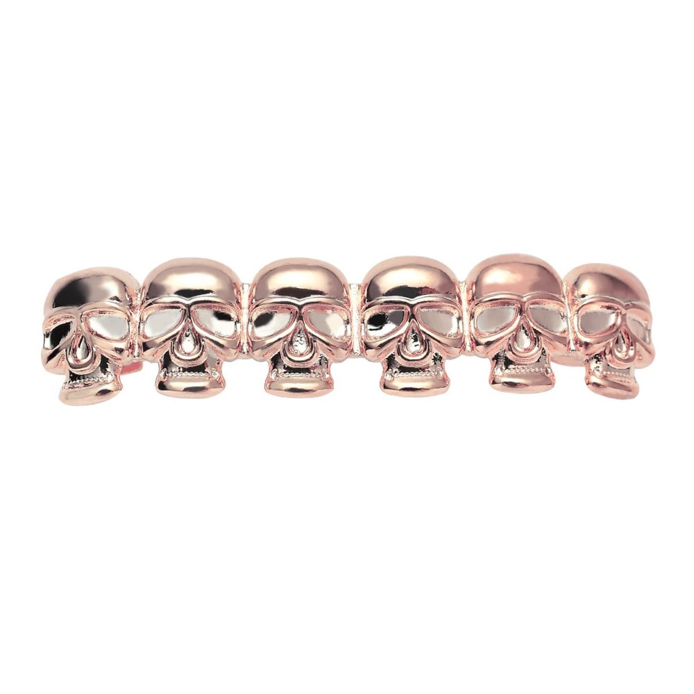 Glossy Skull Gold Braces Tooth Set Dress Ornaments, Plated in Rose Gold