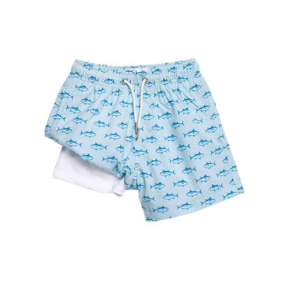 BERMIES Kids Eco Friendly Swim Shorts | Blue Tuna | Quick Dry, Compression Liner, 3 Pockets, 4 Way Stretch Fabric, UPF50 Protection | 4