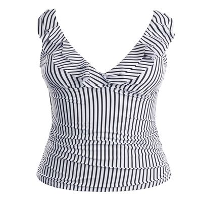 Yonique Women's Tankini Top Only Tummy Control Bathing Suit Top Ruffle Swimsuit Top V Neck Swim Tank Top No Bottom Black and White Striped XS