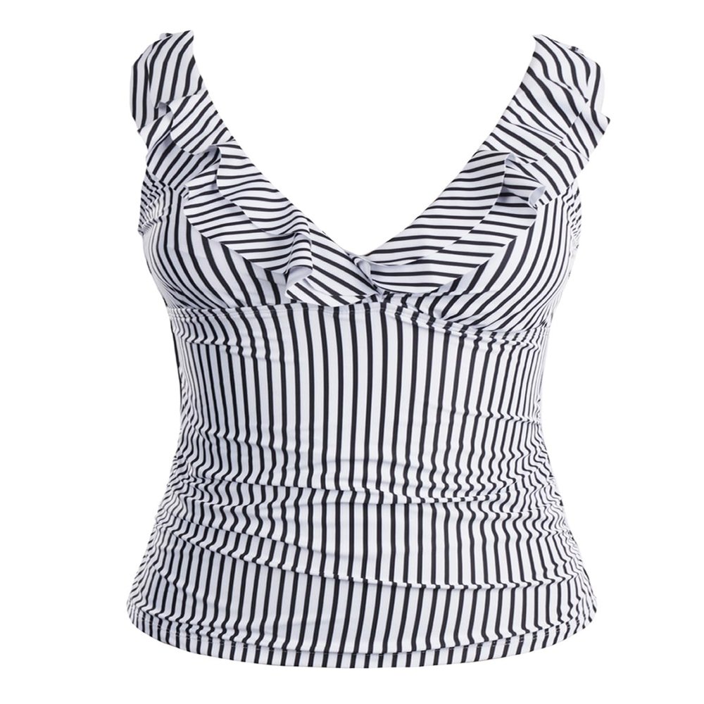Yonique Women's Tankini Top Only Tummy Control Bathing Suit Top Ruffle Swimsuit Top V Neck Swim Tank Top No Bottom Black and White Striped XS