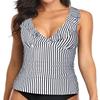 Yonique Women's Tankini Top Only Tummy Control Bathing Suit Top Ruffle Swimsuit Top V Neck Swim Tank Top No Bottom Black and White Striped XS view 2