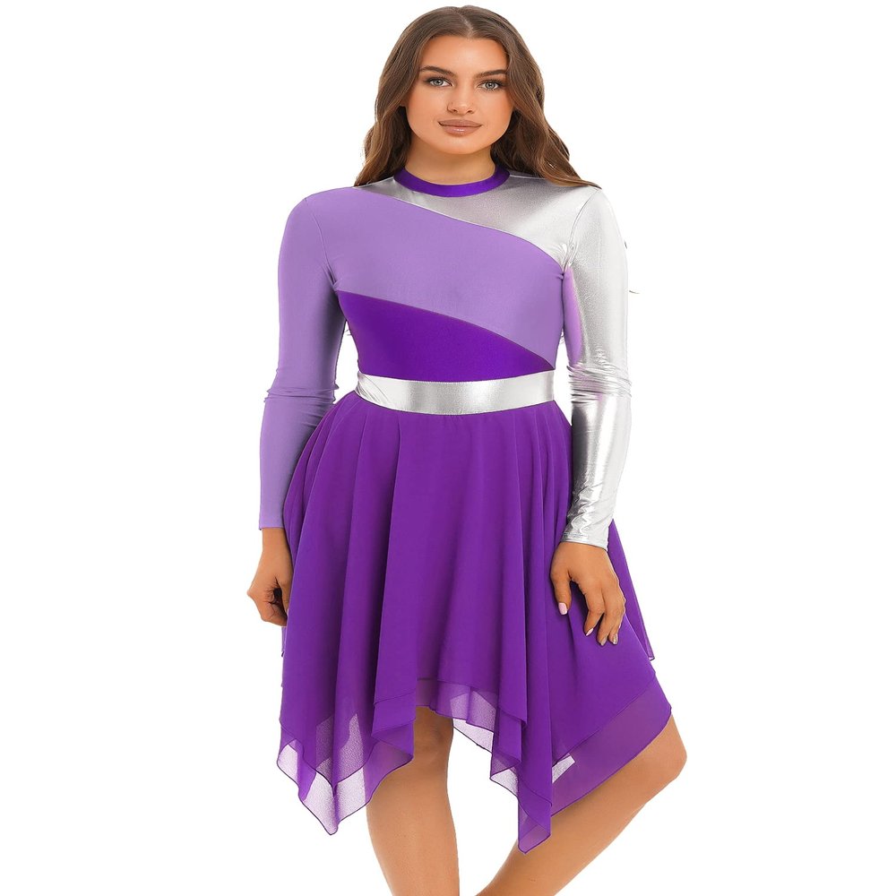 Hularka Women's Metallic Worship Praise Dance Dress Color Block Liturgical Dancewear Performance Costume #02 Purp XX-Large