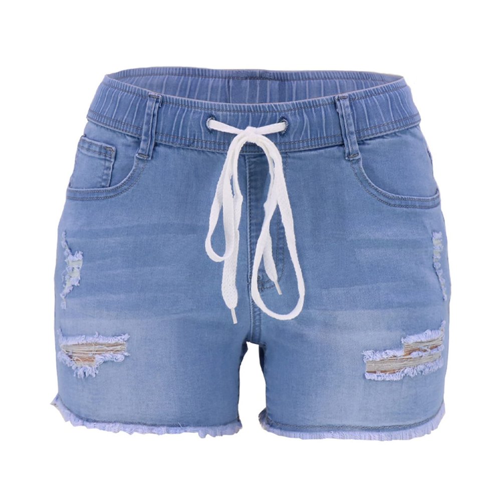 JEKE-DG Women's Elastic Waist String High Waist Shorts Slim Hole Wash Jeans Shorts Drawstring Plus Size Casual Shorts (Small,Light Blue)