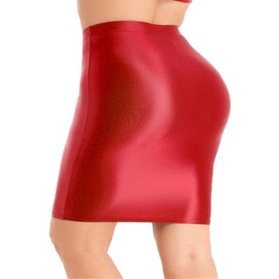 QinCiao Women's Silky High Waisted Solid Tight Club Skirt Stockings Skirt Package Hip Short Skirts Red Medium