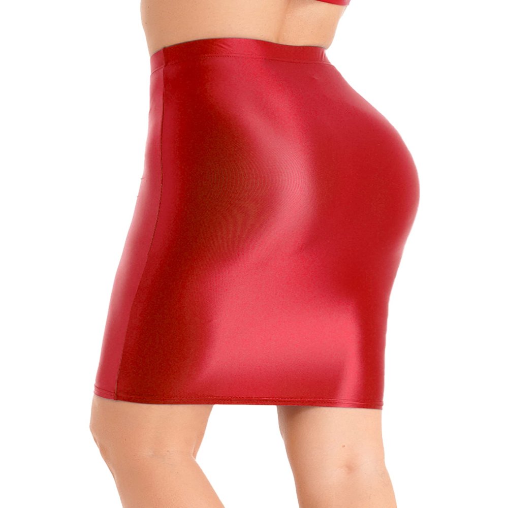 QinCiao Women's Silky High Waisted Solid Tight Club Skirt Stockings Skirt Package Hip Short Skirts Red Medium