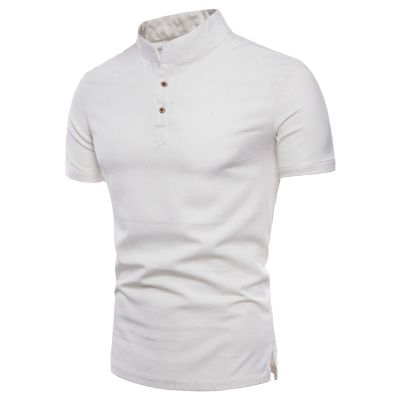 Men's Stand Collar Henley T-Shirts Stylish Short Sleeve Cotton Linen Hippie Shirt Solid Color Summer Beach Tee (US Size S Asia M,White)