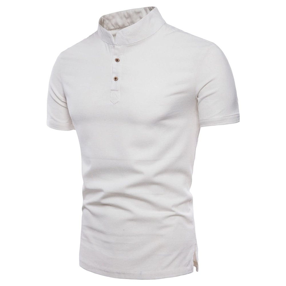 Men's Stand Collar Henley T-Shirts Stylish Short Sleeve Cotton Linen Hippie Shirt Solid Color Summer Beach Tee (US Size S Asia M,White)