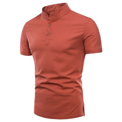 Men's Stand Collar Henley T-Shirts Stylish Short Sleeve Cotton Linen Hippie Shirt Solid Color Summer Beach Tee (US Size L Asia XL,Orange)