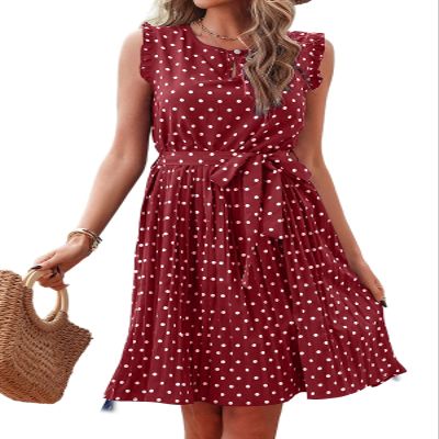 BBcoch Women's Polka Dot Petite Dress A Line Sleeveless Summer Pleated Dresses Wine White Dot Medium