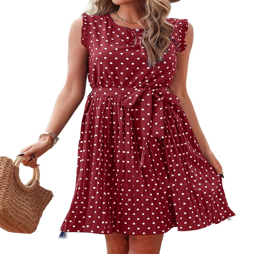 BBcoch Women's Polka Dot Petite Dress A Line Sleeveless Summer Pleated Dresses Wine White Dot Medium