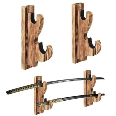 Shankala Upscale Hook Sword Stand - Two-Layer Wall Mounted Samurai Sword Hanger for Katana, Wakizashi & Tanto Weapon Rack - Solid Wood Color