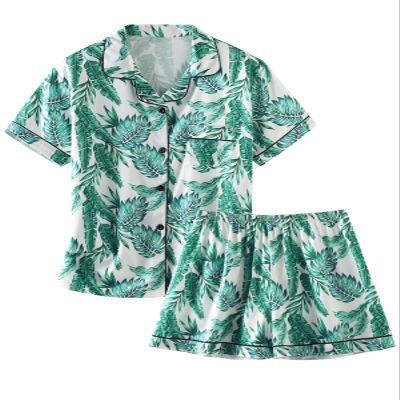 Schbbbta Silk Pjs for Women Set, Cute Silky Matching 2 Pcs Comfy Nightwear Button Down Sexy Soft Satin Summer Pj Short Set, Leaves Green, XX-Large