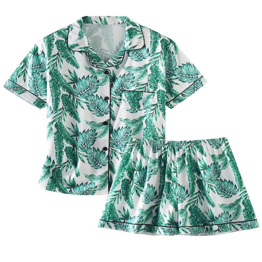 Schbbbta Silk Pjs for Women Set, Cute Silky Matching 2 Pcs Comfy Nightwear Button Down Sexy Soft Satin Summer Pj Short Set, Leaves Green, XX-Large