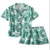 Schbbbta Silk Pjs for Women Set, Cute Silky Matching 2 Pcs Comfy Nightwear Button Down Sexy Soft Satin Summer Pj Short Set, Leaves Green, XX-Large view 1