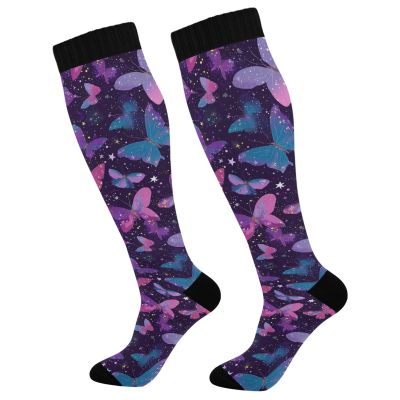 Wusikd Colored Butterflies Compression Socks for Women and Men Circulation Purple Long Socks for Athletic Running 1