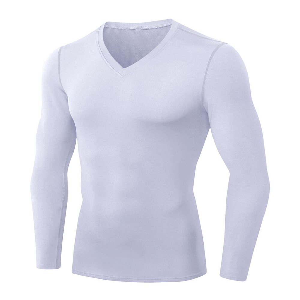 Men's Athletic Compression Shirt - V Neck Long Sleeve Workout Running Base Layer Tops Cool Dry T-Shirt Gym Undershirts White