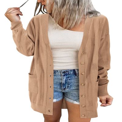 Arach&Cloz Women's Open Front Business Cardigan with Pocket Long Sleeve Button Down Loose Outwear Khaki M
