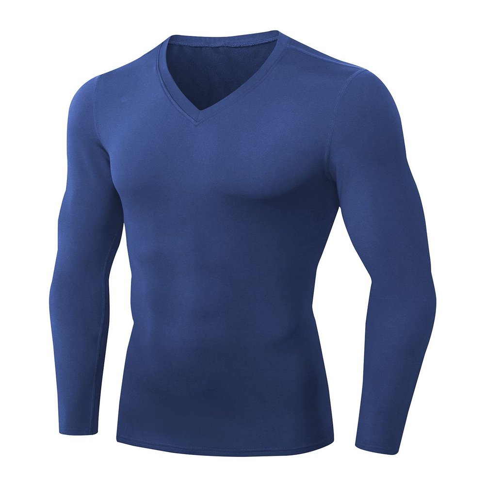 Men's Athletic Compression Shirt - V Neck Long Sleeve Workout Running Base Layer Tops Cool Dry T-Shirt Gym Undershirts Blue