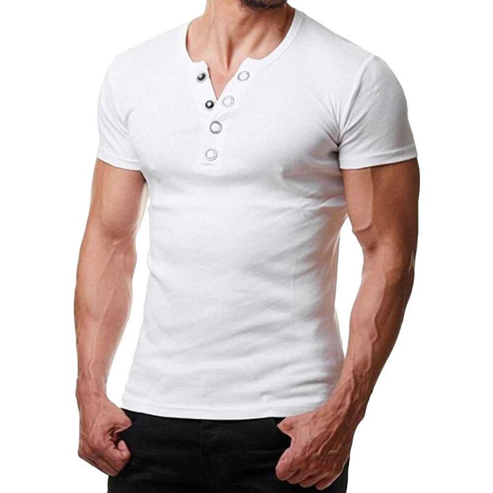 JEsilunmaMY Mens Retro Muscle Henley T-Shirts Button Neck Short Sleeve Henley Shirts Athletic Workout Slim Fit Beach Tee (US Size XL Asia XXL,White)