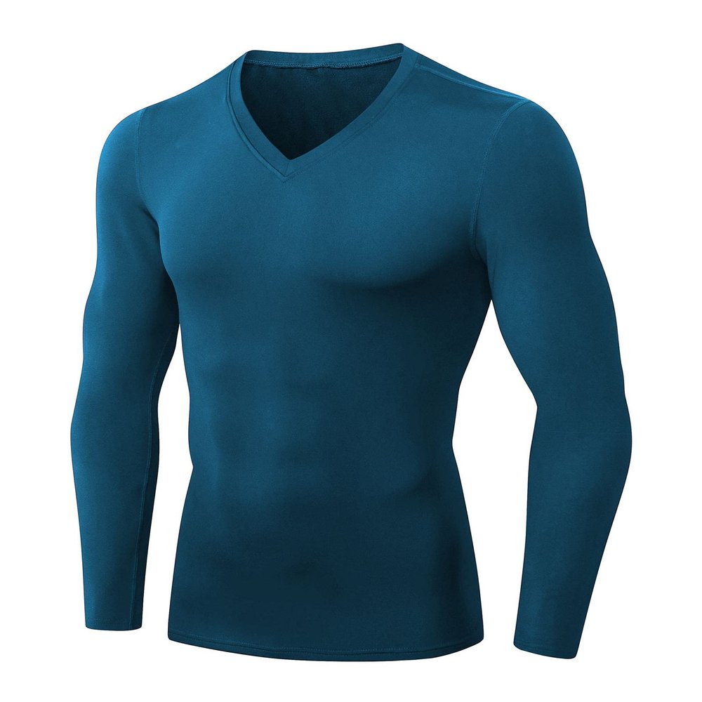Men's Athletic Compression Shirt - V Neck Long Sleeve Workout Running Base Layer Tops Cool Dry T-Shirt Gym Undershirts Dark Blue
