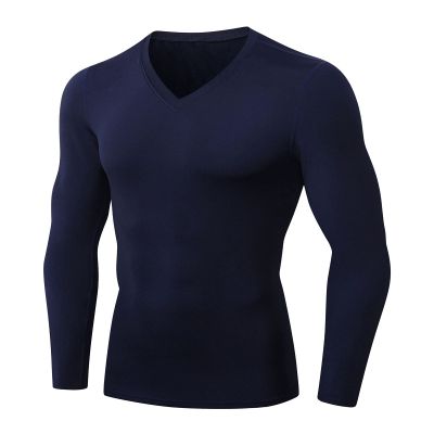 Men's Athletic Compression Shirt - V Neck Long Sleeve Workout Running Base Layer Tops Cool Dry T-Shirt Gym Undershirts Navy