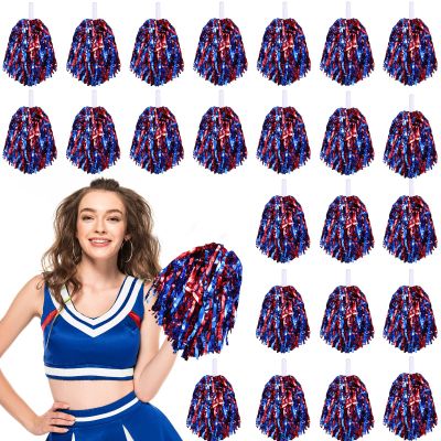 Hanaive 24 Pcs Pom Poms Cheerleading Cheerleader Spirited Cheer Baton Handle Metallic Foil for Sports Team Party Dance Cheering(Red, Blue)