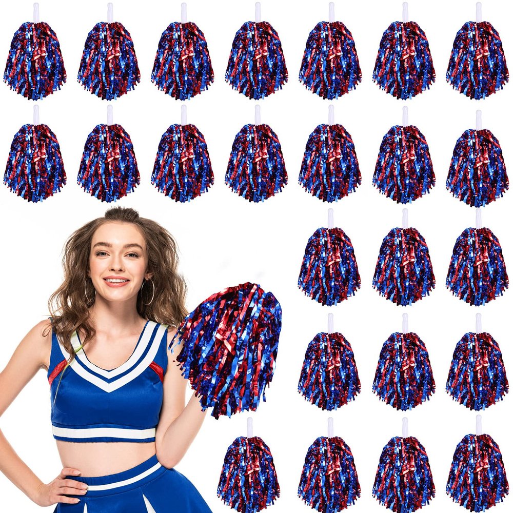 Hanaive 24 Pcs Pom Poms Cheerleading Cheerleader Spirited Cheer Baton Handle Metallic Foil for Sports Team Party Dance Cheering(Red, Blue)