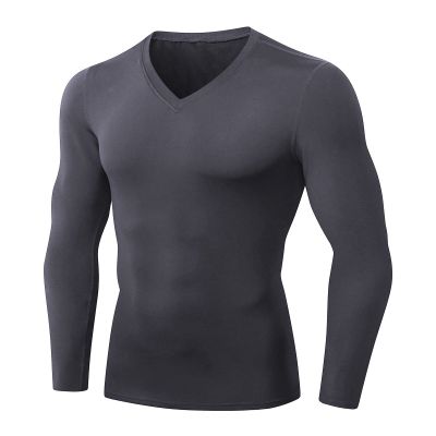 Men's Athletic Compression Shirt - V Neck Long Sleeve Workout Running Base Layer Tops Cool Dry T-Shirt Gym Undershirts Gray