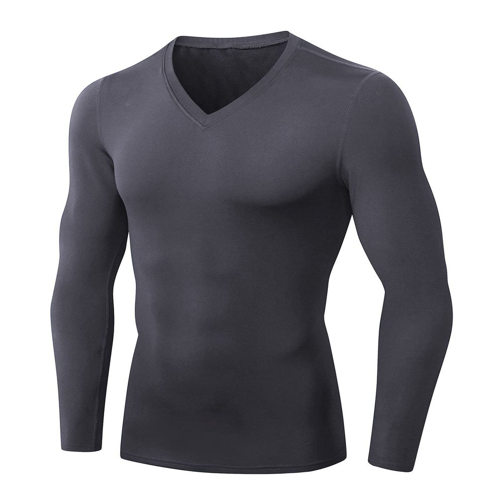 Men's Athletic Compression Shirt - V Neck Long Sleeve Workout Running Base Layer Tops Cool Dry T-Shirt Gym Undershirts Gray