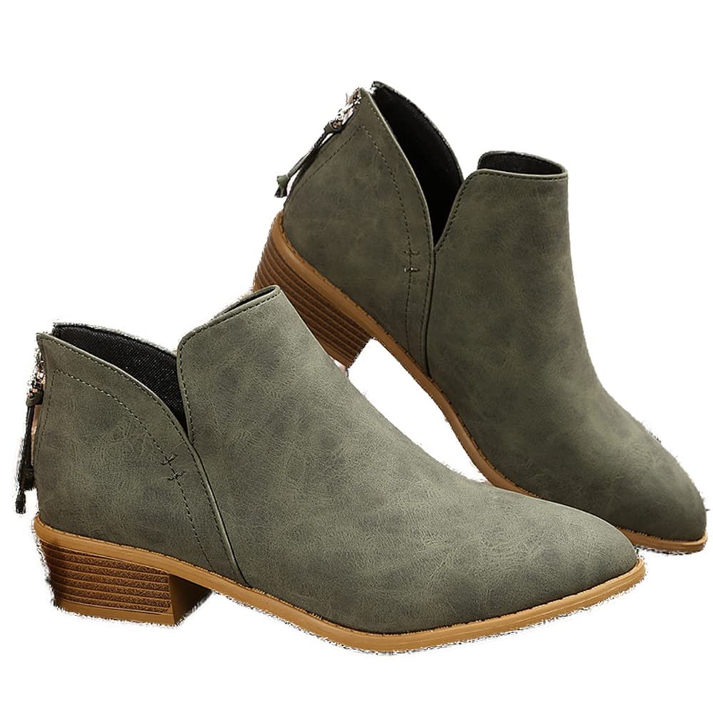 JITUUE Ankle Booties for Women,Women's Casual Dress Low Heeled Booties. V Cut Fashion Thick Heel Design Shoes(Army green,US 8.5