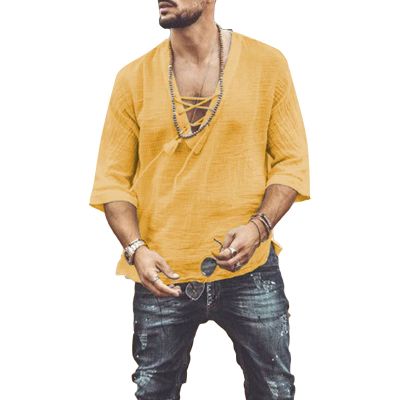 JEsilunmaMY Mens Drawstring Beach Hippie Shirt Short Sleeve Lace Up V Neck Henley Shirts Summer Casual Cotton Linen Tee Shirt (Yellow,XX-Large)