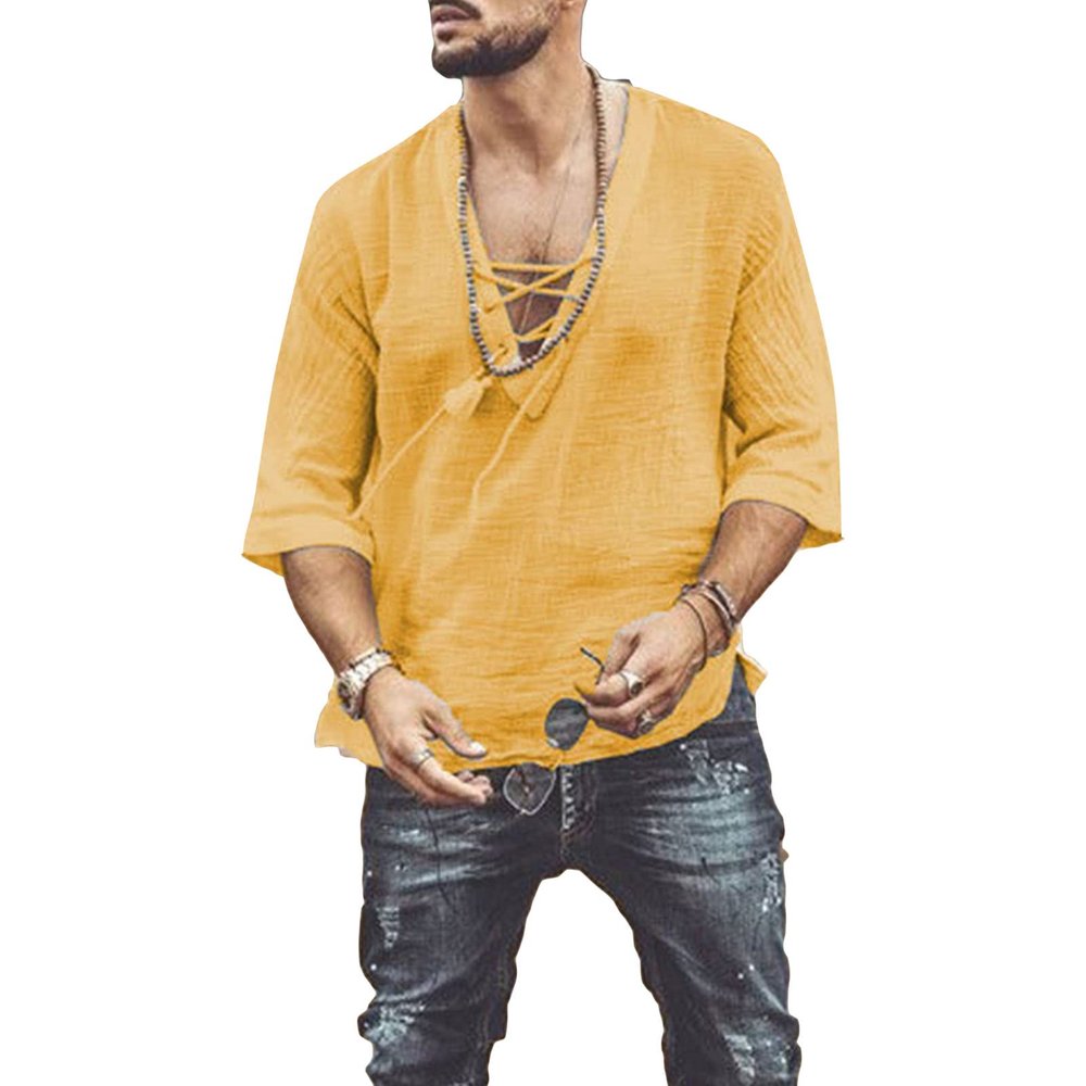JEsilunmaMY Mens Drawstring Beach Hippie Shirt Short Sleeve Lace Up V Neck Henley Shirts Summer Casual Cotton Linen Tee Shirt (Yellow,XX-Large)