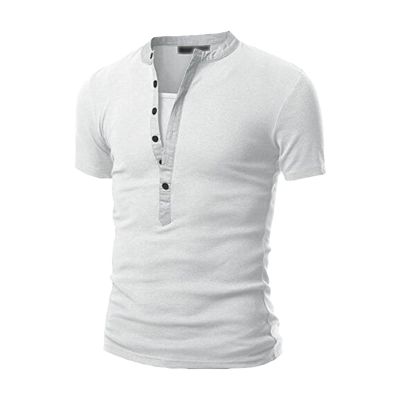 JEsilunmaMY Mens Slim Fit Basic Henley T-Shirts Button Neck Short Sleeve Beach Tee Shirts Solid Color Sumemr Henley Shirt (US Size XL Asia XXL,White)