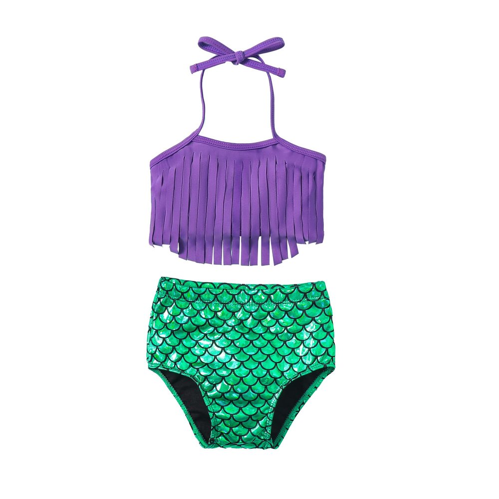 LYSMuch 3-Pieces Baby Girls Bikini Swimsuit Mermaid Bathing Suit Toddler Beach Tassels Swimwear (6-12 Months, Violet)