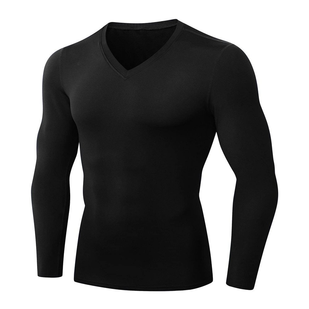 Men's Athletic Compression Shirt - V Neck Long Sleeve Workout Running Base Layer Tops Cool Dry T-Shirt Gym Undershirts Black