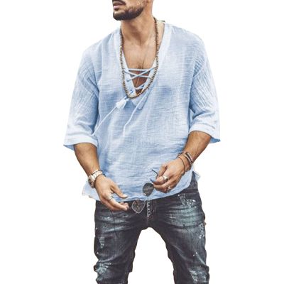 JEsilunmaMY Mens Drawstring Beach Hippie Shirt Short Sleeve Lace Up V Neck Henley Shirts Summer Casual Cotton Linen Tee Shirt (Blue,X-Small)