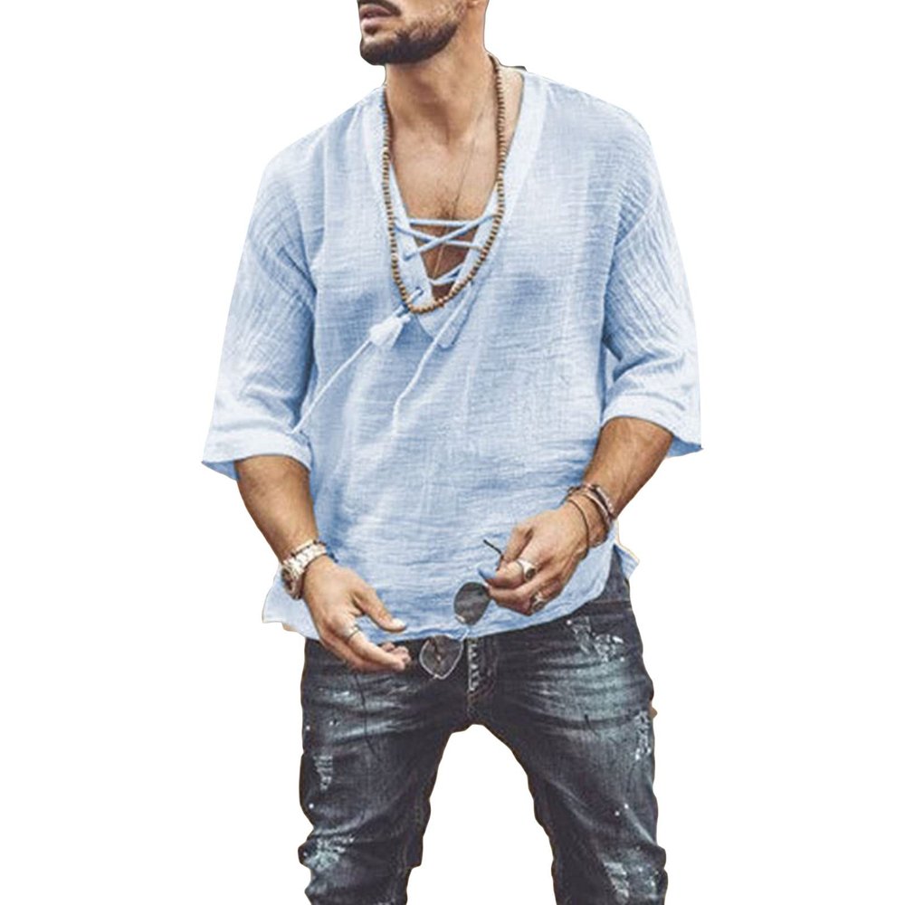 JEsilunmaMY Mens Drawstring Beach Hippie Shirt Short Sleeve Lace Up V Neck Henley Shirts Summer Casual Cotton Linen Tee Shirt (Blue,X-Small)