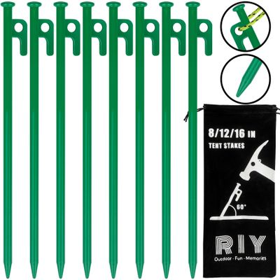8 Pack Tent Stakes Heavy Duty 12 inch Steel Tent Pegs for Camping Unbreakable and Inflexible-Green