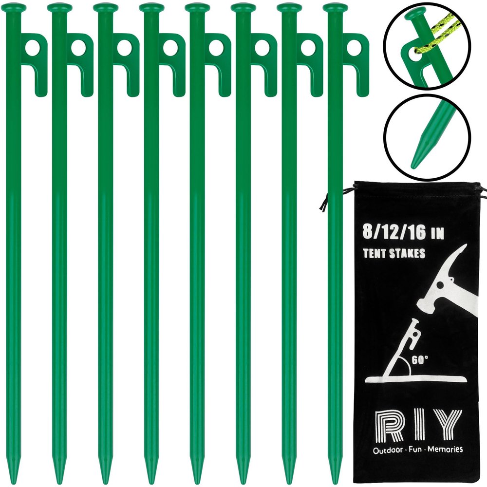 8 Pack Tent Stakes Heavy Duty 12 inch Steel Tent Pegs for Camping Unbreakable and Inflexible-Green