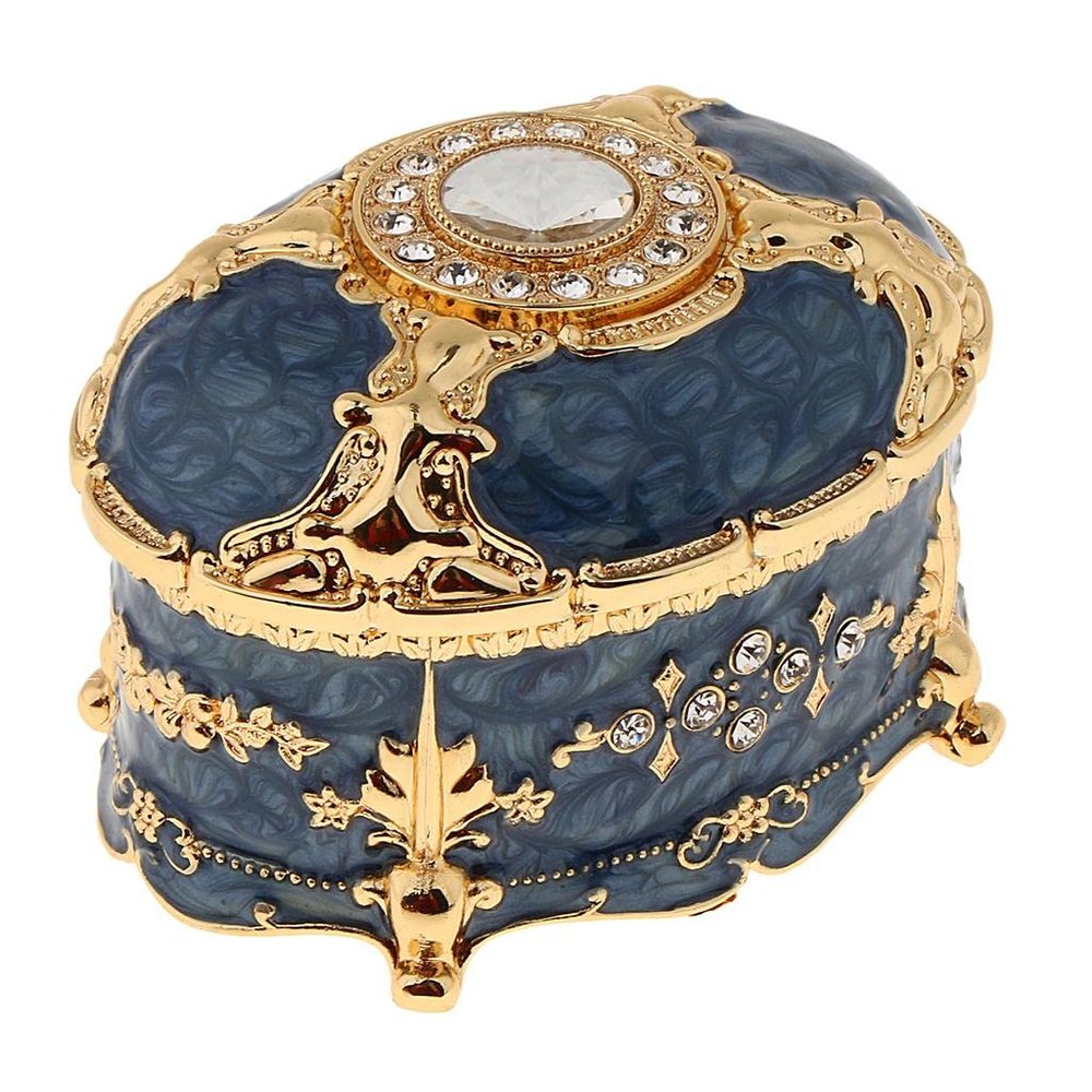 AAGAZA Crystal Enamel Oval Metal Vintage Jewelry Box Gift Ears Storage Box, Blue/1517