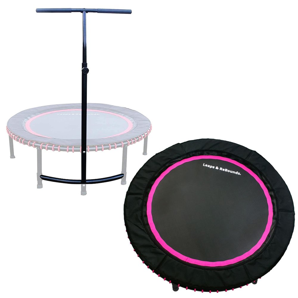 LEAPS & REBOUNDS 48" Adjustable Stability Bar Attachment with 48" Mini Fitness Trampoline and Home Gym Rebounder for Cardio Exercises, Pink