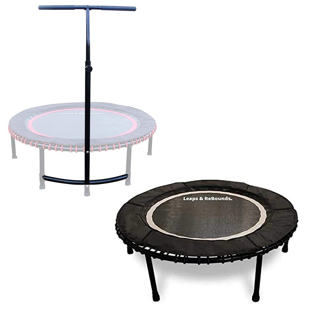 LEAPS & REBOUNDS 48" Adjustable Stability Bar Attachment with 48" Mini Fitness Trampoline and Home Gym Rebounder for Cardio Exercises, Gray