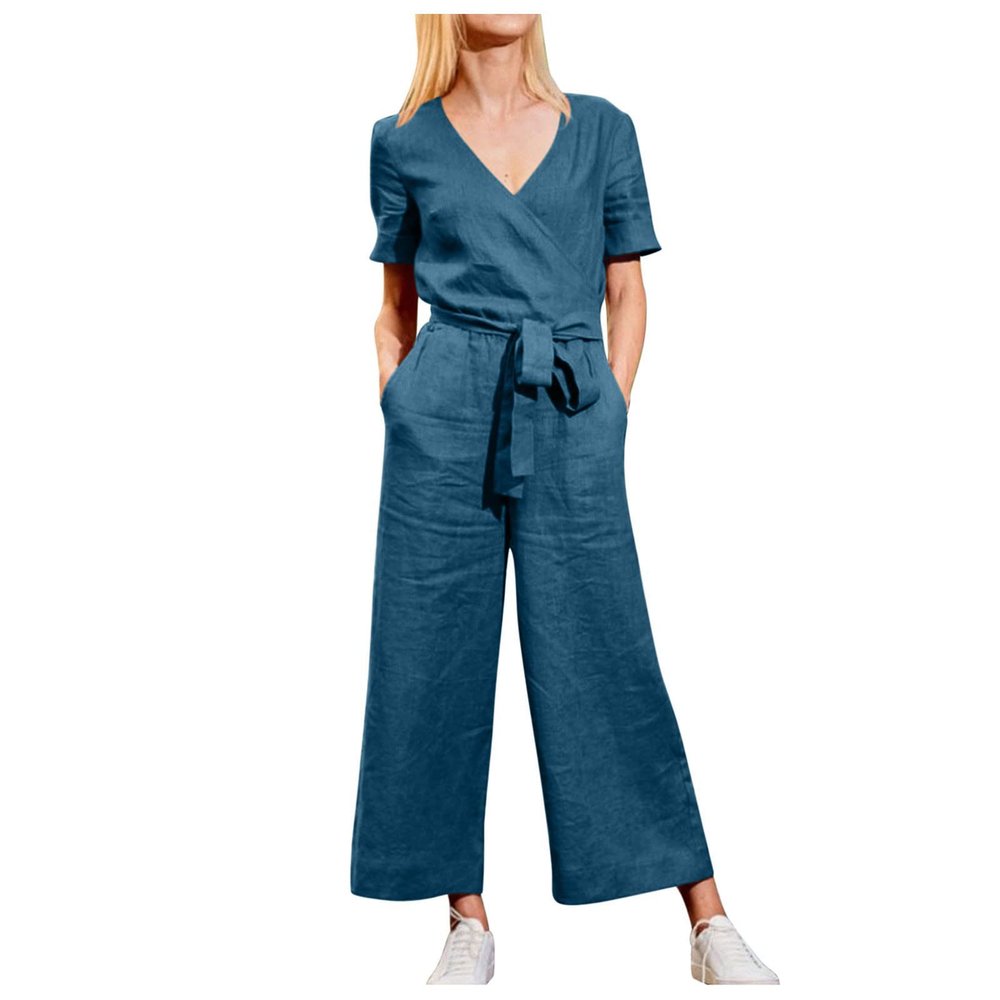 Solid Linen Jumpsuits for Women 2023 Rompers V Neck Belt Overalls Elegant Short Sleeve One Piece Romper with Pockets A-Blue