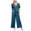 Solid Linen Jumpsuits for Women 2023 Rompers V Neck Belt Overalls Elegant Short Sleeve One Piece Romper with Pockets A-Blue view 1