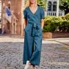 Solid Linen Jumpsuits for Women 2023 Rompers V Neck Belt Overalls Elegant Short Sleeve One Piece Romper with Pockets A-Blue view 2